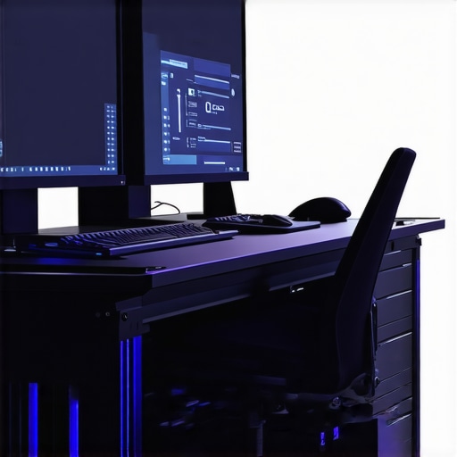 A modern, high-tech video editing workstation equipped with multiple GPUs and 4K monitors.