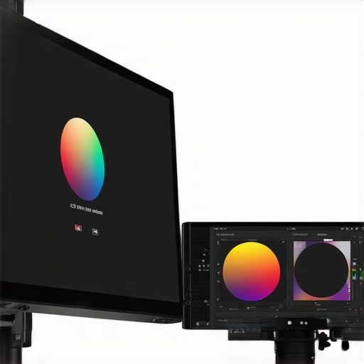 A professional color grading workstation with calibration hardware and color management software in use