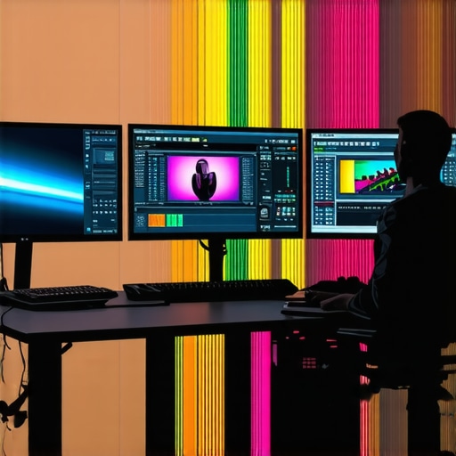 A professional video editing station featuring multiple calibrated monitors displaying color correction tools and 4K footage.