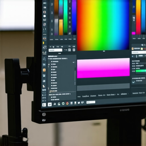 Monitor calibration device measuring color accuracy in a professional editing setup.