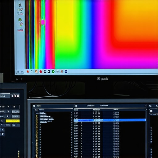 A professional colorist calibrates a high-end monitor with spectral calibration tools in a dedicated studio room.