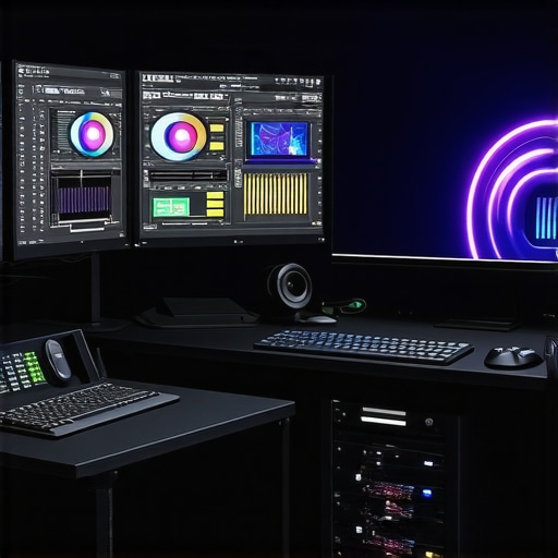 Professional video editing workstation featuring high-end GPU and color grading monitor.