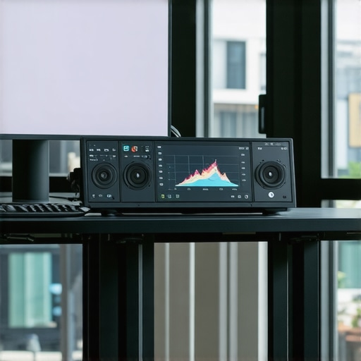 Professional color grading monitor showcasing advanced calibration and AI features in an editing studio.