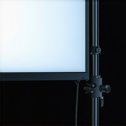 Professional color grading monitor with calibration hardware in a dark editing studio.