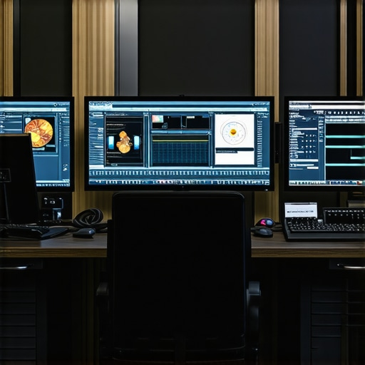 A professional video editing studio featuring calibrated monitors, calibration tools, and high-performance hardware.