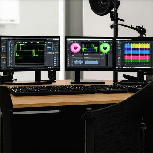 A professional video editing setup featuring multi-GPU hardware, high-speed storage, and color grading monitors.