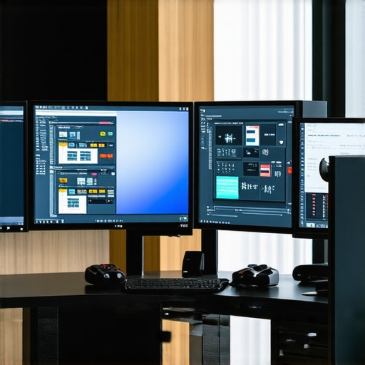Video editor's workspace featuring AI proxy creation on multiple monitors