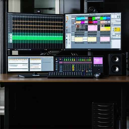 A futuristic 2026 editing workstation with dual 8K monitors, high-performance GPU, and sleek ergonomic design.