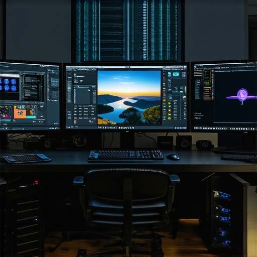 A high-end 8K video editing workstation with multiple calibrated monitors, advanced GPU, and fast storage