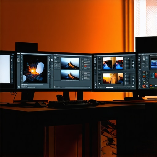 Professional video editing station with advanced monitors and 8K footage