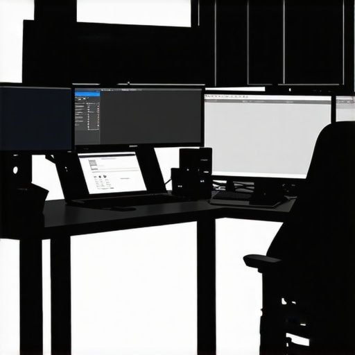 A futuristic workspace for professional video editing equipped with cutting-edge hardware and display technology.