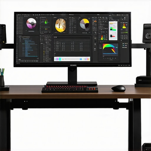 A modern professional video editing workspace equipped with high-end hardware for 4K content production.