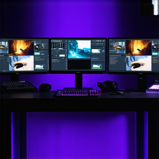 A professional video editing workstation with dual monitors, NVMe drives, and multiple GPUs optimized for 8K content