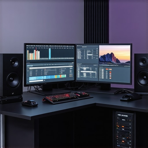 A professional video editing station with calibrated monitors and advanced hardware